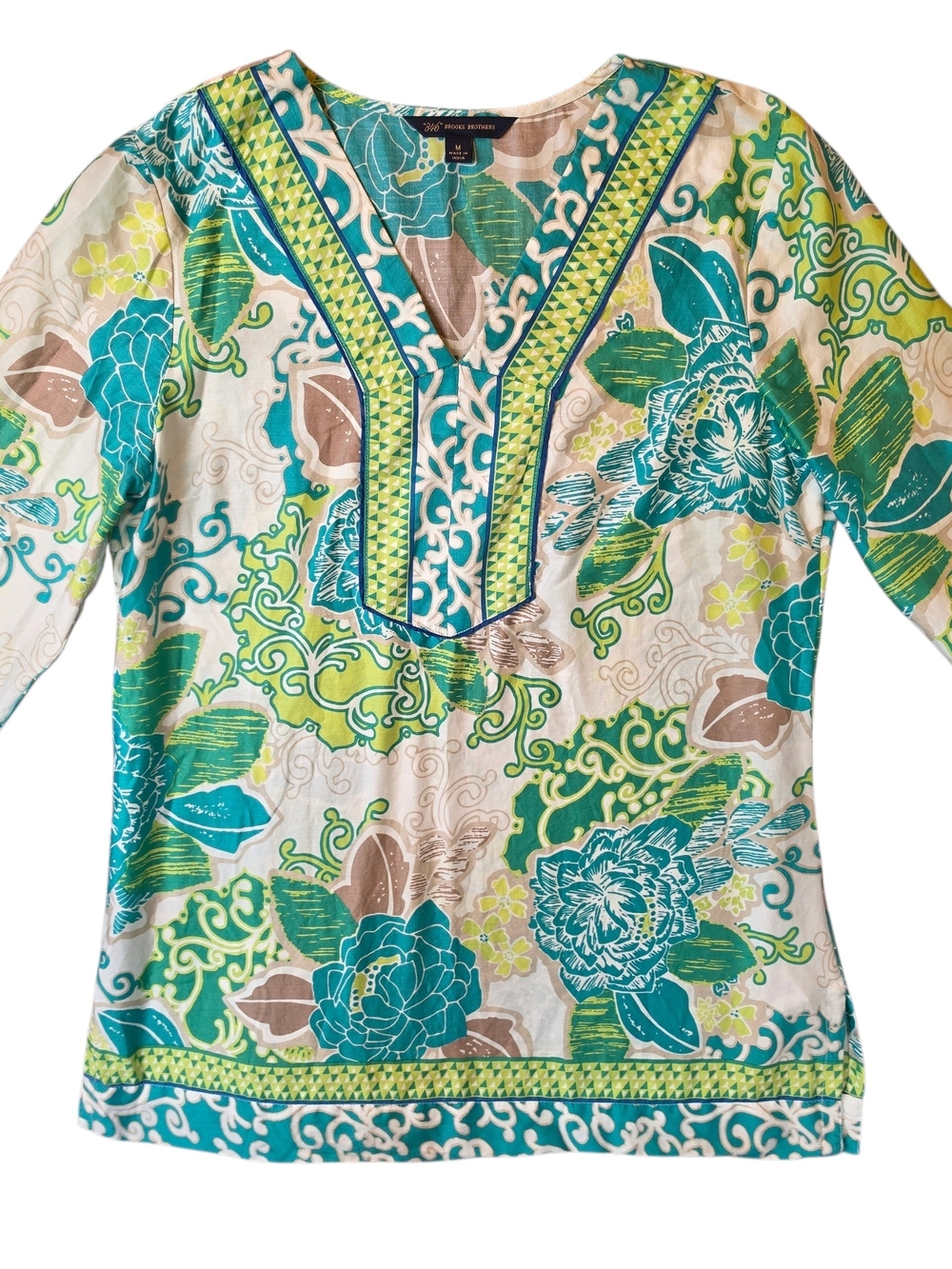 Brooks Brothers 346 Tunic Top Womans Medium Green Floral Preppy Bohemian Fairy